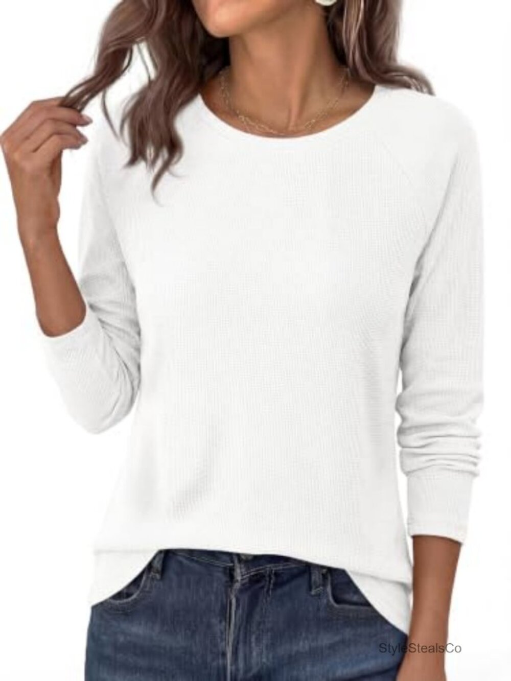 Womens Waffle Knit Long Sleeve Crewneck Tunic Top Lightweight Casual Pullover
